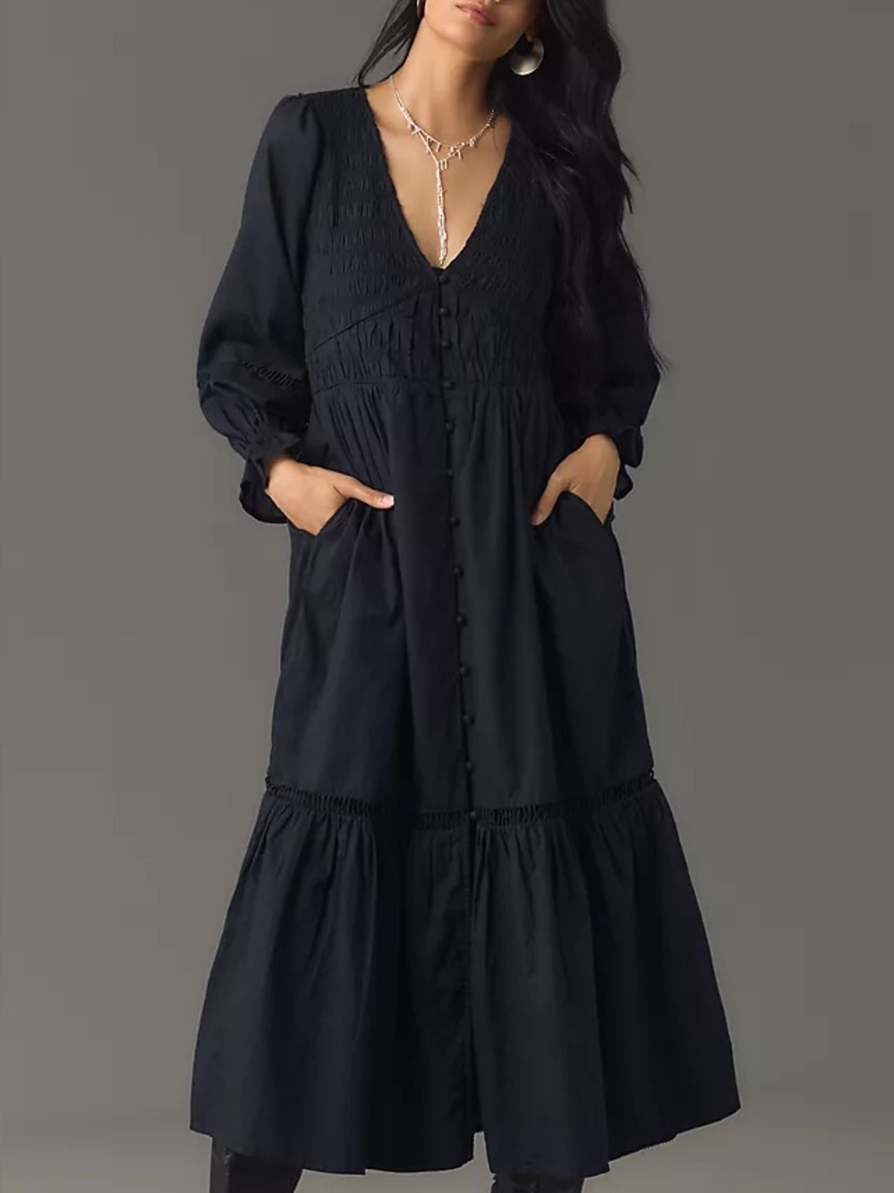 Anthropologie Peregrine Black V-Neck Button-Front Midi Dress with Pockets